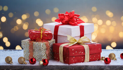 Decoratively wrapped holiday gifts arranged on a snowy surface with soft bokeh lights in the background during the festive season