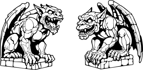 a pair of stone gargoyles standing opposite each other