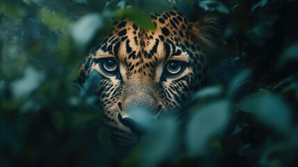 A leoparda??s eye staring intently, surrounded by layers of green, mist-covered plants.