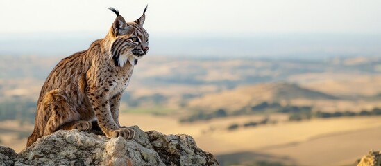 A majestic Iberian lynx perched on a rocky outcrop, overlooking the rolling hills of Ciudad Real, with its intense gaze captured under the clear sky.