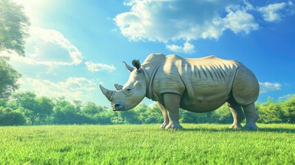 A majestic rhino calmly grazing on a lush green lawn, surrounded by vibrant grass under a clear blue sky.