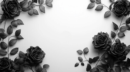 A black and white photo of roses with a white background