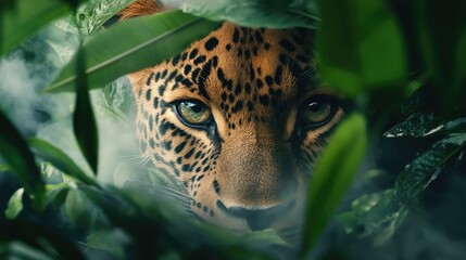A leoparda??s eye staring intently, surrounded by layers of green, mist-covered plants.