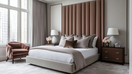 Fototapeta premium Modern bedroom featuring plush velvet headboard, sleek bedside tables, and minimalist decor in a cozy space