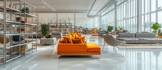 Bright and open furniture department featuring a range of modern lounge suites with contemporary designs, against sleek metallic shelving units.