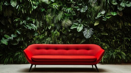 Bold red sofa with sleek lines pops in front of a dense jungle-like plant wall, creating a fresh and lively atmosphere.