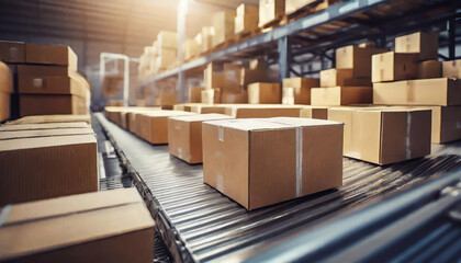 Packages moving along a conveyor belt in a busy warehouse during daylight hours