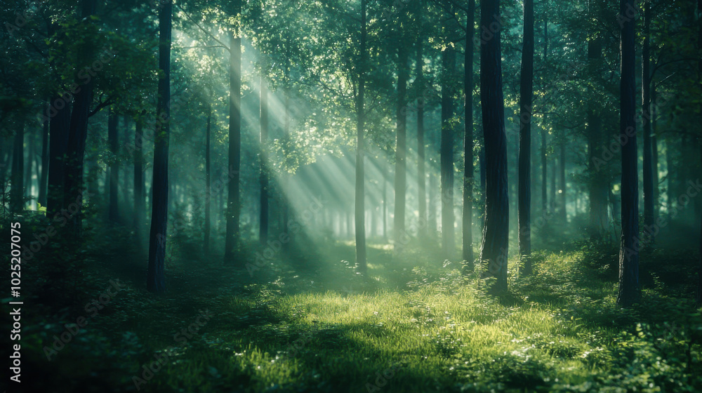 Poster golden sunlight filters through the trees in a lush forest during late afternoon, creating a serene 