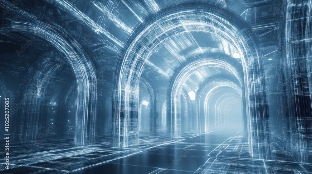 Poster a digital rendering of a futuristic hallway with archways and glowing lines