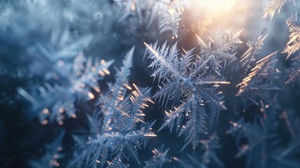 A close-up of frost patterns on glass, illuminated by soft light from a nearby source