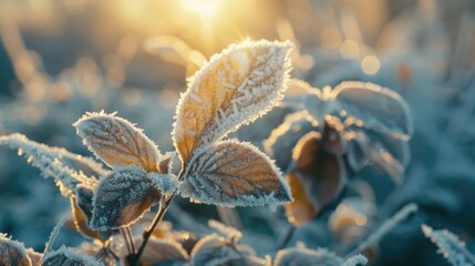 A close-up of frost-covered leaves, with the early morning sun casting a golden glow