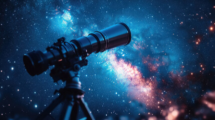 Close-up of astronomical observatory telescope against starry night sky, copyspace, stars, constellations, space, universe, planets, science, learning, research, discovery, celestial bodies, blue