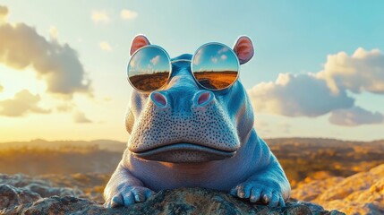 A cool blue hippo with round reflective sunglasses, standing proudly on a rocky outcrop, overlooking a vibrant landscape.