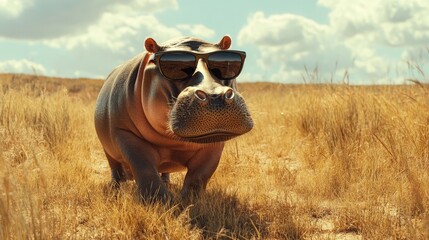 A golden-yellow hippopotamus wearing glossy black sunglasses, standing in a dry, grassy savanna at midday.