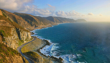 Fototapeta premium Aerial View of the Coastal Road Winding Along Cliffs