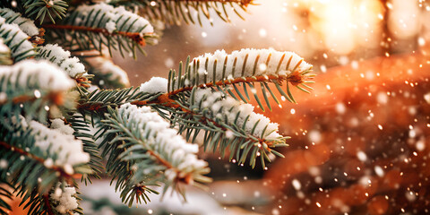Snow fall in winter forest. Christmas new year magic. Blue spruce fir tree branches detail. Banner image