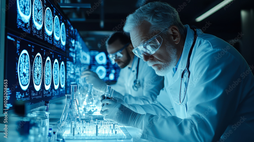 Poster scientists conducting research in a laboratory with advanced imaging technology examining brain scan