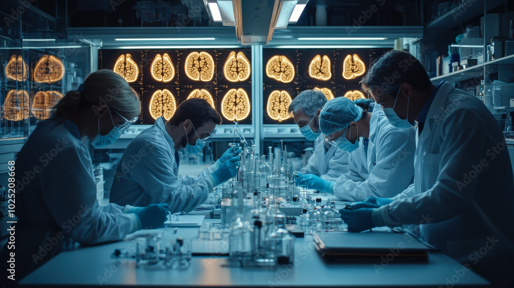 Poster scientists conducting research in a laboratory with advanced imaging technology examining brain scan
