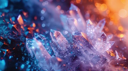 A close-up of delicate, glowing crystals, with intricate patterns and vibrant colors