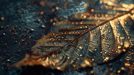 A close-up of a rain-soaked leaf, with water droplets creating intricate reflections