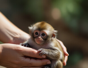 a small and cute monkey in a woman's hands