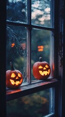   A pair of pumpkins rest atop a window ledge, framed by frosted glass