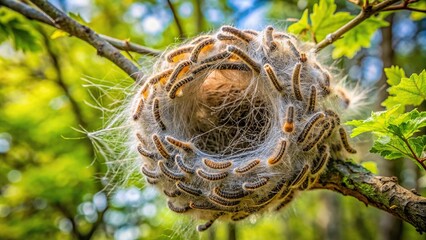 A close up detailed view of an oak processionary caterpillar nest covered in fine hairs located on a tree in a dense forest silhouette, close-up, hairy nests, tree infestation, nature