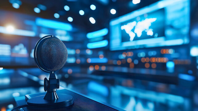 Television space and recording room featuring a microphone, with various devices visible in the background, a television studio for broadcasting content.