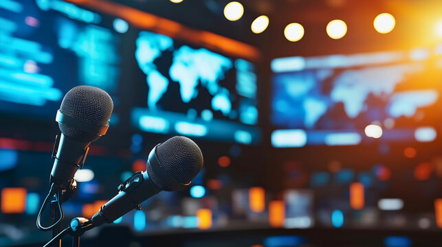 Modern studio with microphones, a broadcast desk, and various equipment, a modern studio where news and other television content are aired.