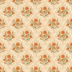 Delicate Antique Orange California Poppy Seamless Vector Repeat Pattern