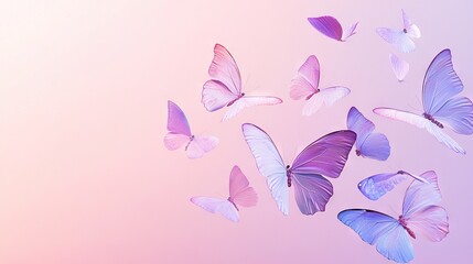 Fototapeta premium A group of purple and white butterflies flying in the air against a pink and blue sky