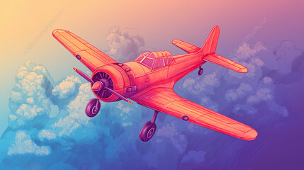 Naklejka premium Colorful vintage airplane in flight above clouds with pastel sky