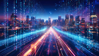 Digital Stream of Binary Code Over a Cityscape
