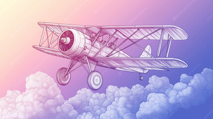 Vintage biplane sketch flying over clouds with pastel gradient background
