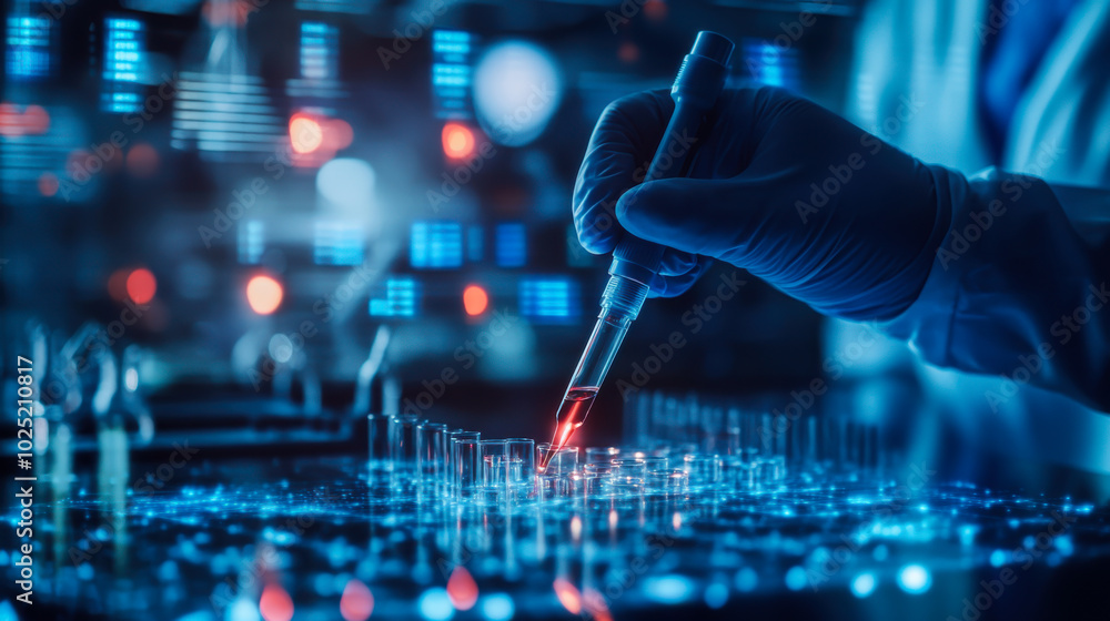 Poster scientist conducting experiments in a high-tech laboratory at night, analyzing samples with advanced
