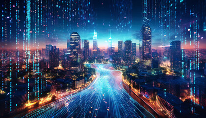 Fototapeta premium Digital Stream of Binary Code Over a Cityscape