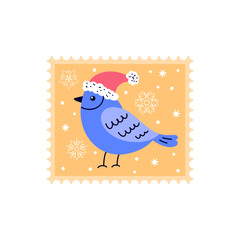 Cristmas bird in doodle style. Postage stamp on white background.