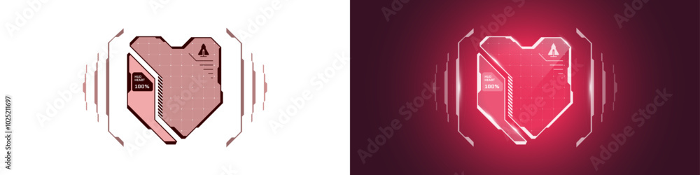 Poster vr hud digital futuristic style interface red heart shape shield set. video game player protect heal