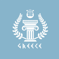 ancient greek symbol with column, lyre and laurel isolated on blue background