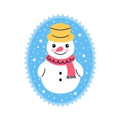 Snowman in doodle style. Postage stamp on white background.
