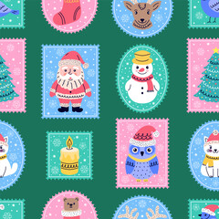Seamless pattern  with  postage stamps with cute doodle-style characters for Christmas and New Year.