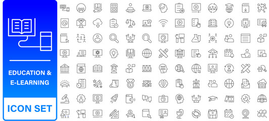 Education and Learning web icons in line style. School, university, textbook, learning. Vector illustration.