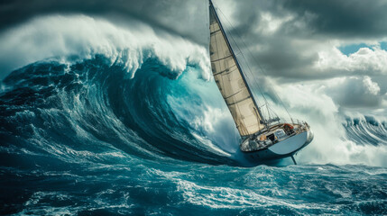 A sailboat navigating a towering wave during a stormy sea in an intense, dynamic atmosphere