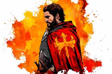 Fototapeta premium Armored knight illustration with a sword and shield, ideal for medieval-themed posters, fantasy art, and historical illustrations.