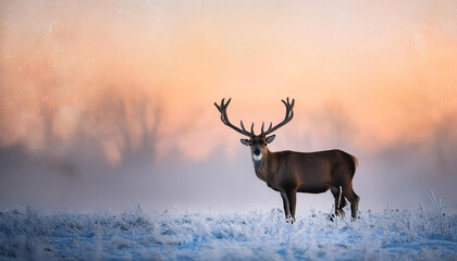 Naklejka premium Reindeer Silhouette in a Snowy Meadow with Bokeh Glow