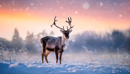Reindeer Silhouette in a Snowy Meadow with Bokeh Glow