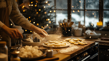 close up woman bakes cookies during Christmas in the kitchen