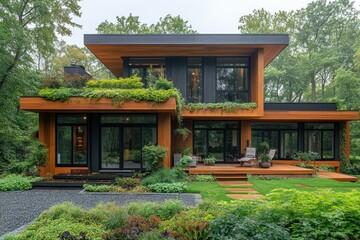 Modern wooden house with a green roof and large windows, surrounded by a lush green garden.