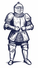Armored knight illustration with a sword and shield, ideal for medieval-themed posters, fantasy art, and historical illustrations.