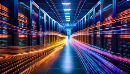  Servers in a Data Center with Light Trails Representing Data Flow